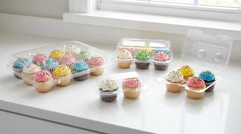 Plastic cupcake containers in different sizes, some open to show cupcakes, highlighting hinged clamshell design and safe storage.