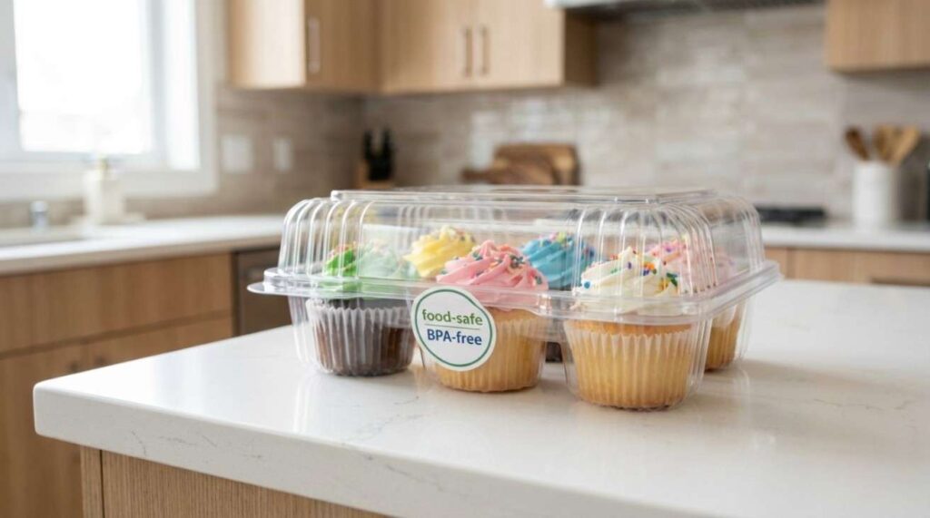 Clear plastic cupcake container holding cupcakes with a food-safe and BPA-free label, emphasizing hygienic and safe storage.