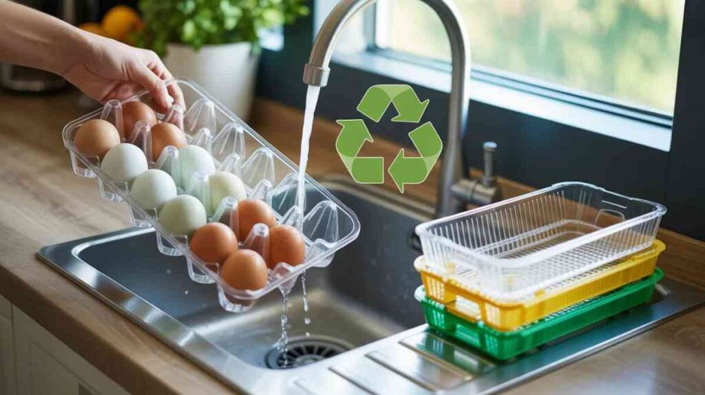 Clear plastic egg cartons being washed and prepared for recycling in a kitchen setting