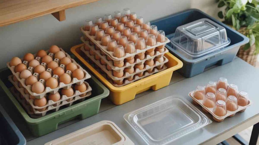 Organized scene of clean plastic egg cartons being reused for storage and properly sorted into recycling bins with clear, simple packaging displayed