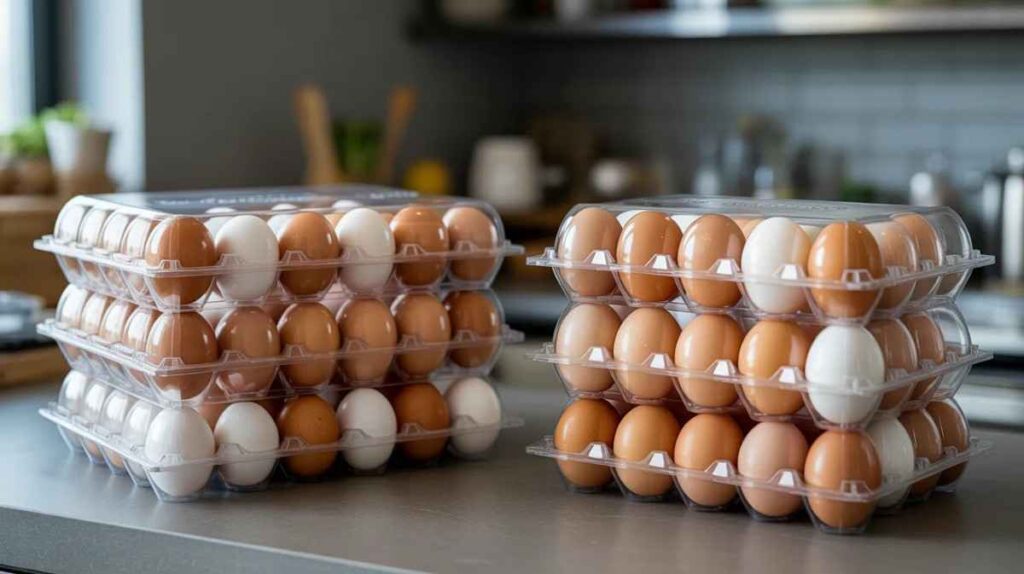 Clear plastic egg cartons holding brown and white eggs on a kitchen counter, showing both reusable and disposable trays for storage and transport.