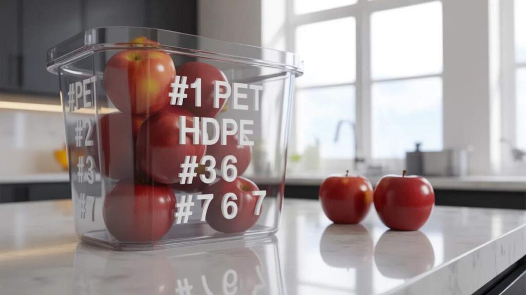 Bottom of a clear plastic apple container showing recycling symbols #1 PET, #2 HDPE, #3, #6, #7, with apples nearby for context.