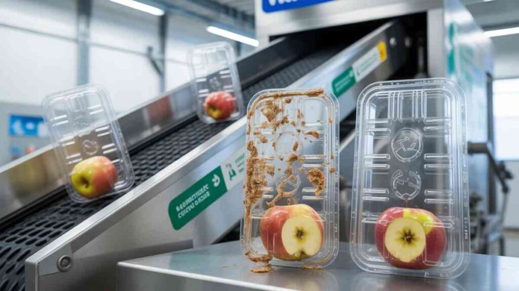 Thin plastic apple clamshell containers with food residue next to a recycling machine, illustrating why some containers are not accepted.