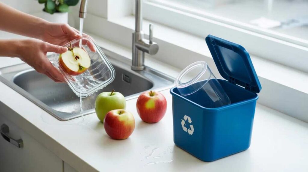 Plastic apple container being washed on a countertop with loose apples and a recycling bin, showing proper reuse and recycling preparation.