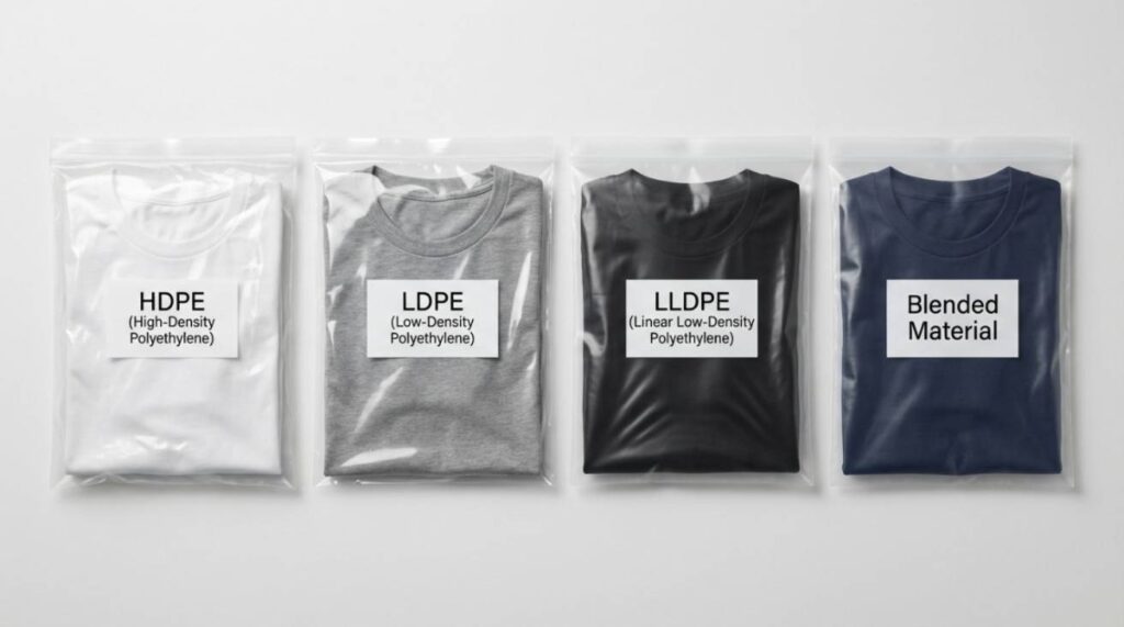 Different plastic bags for T shirts labeled HDPE, LDPE, LLDPE, and blended materials, showing their characteristics and uses.
