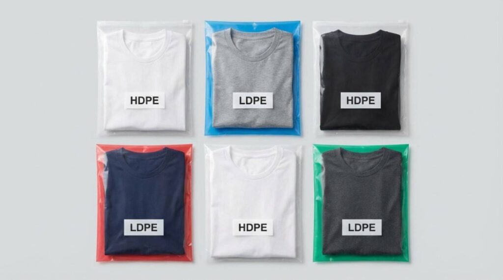 Folded T shirts packed neatly in clear and colored plastic bags showing organization and protection for storage or display.