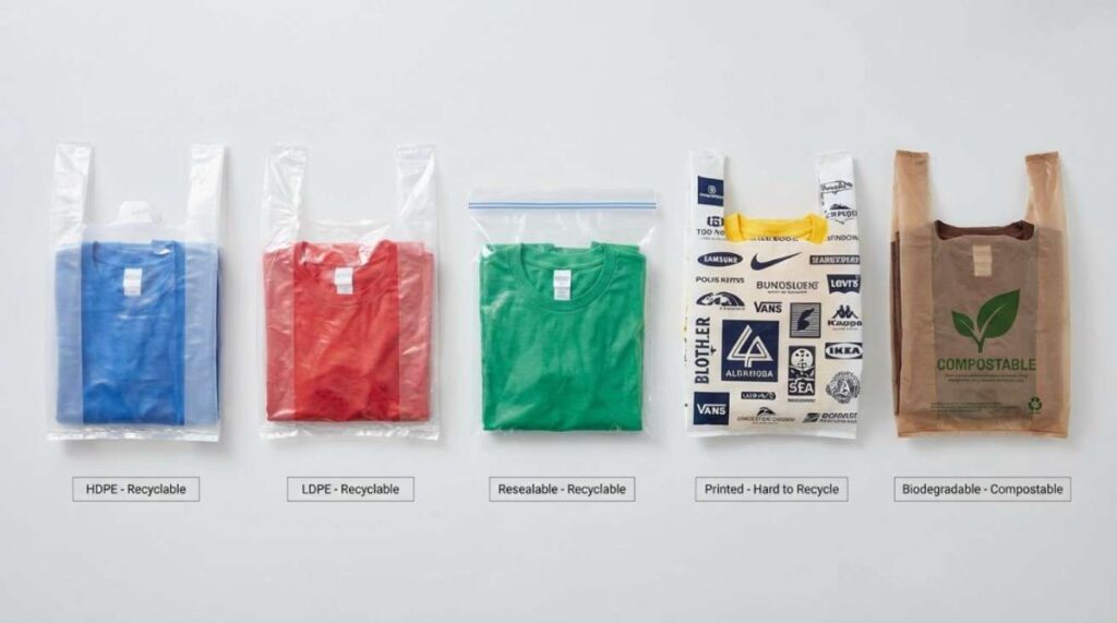 Various types of T shirt plastic bags including clear, resealable, printed, and biodegradable, showing their recyclability and disposal differences.