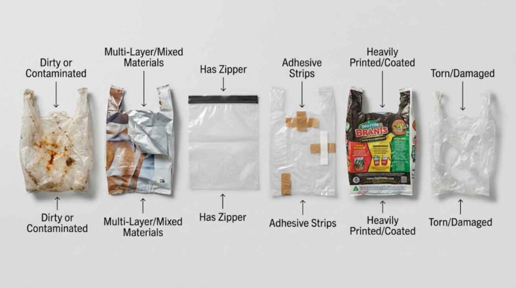 Various plastic T shirt bags that cannot be recycled, including dirty, multi-layer, printed, zipper, and damaged bags.