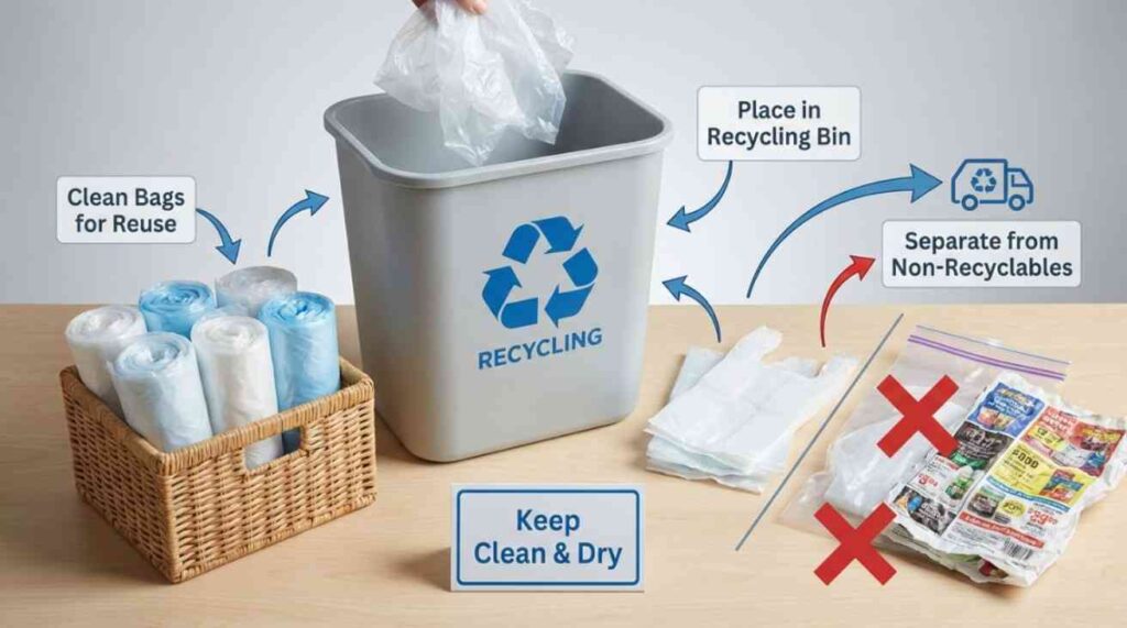 Clean T shirt plastic bags being reused, sorted, and recycled responsibly to reduce environmental impact.