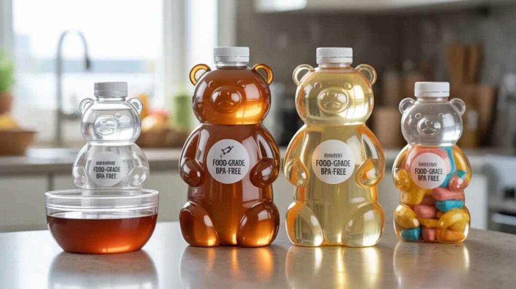 Food-grade BPA-free bear-shaped plastic bottles filled with honey and snacks showing safe, reusable and transparent food storage containers.