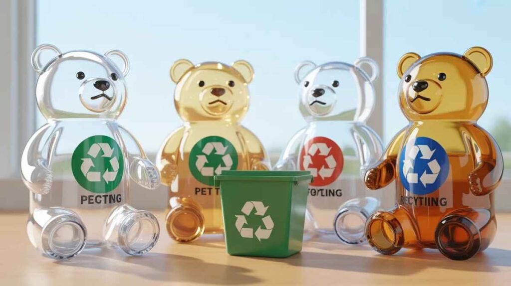 Clear bear-shaped plastic containers marked PET beside colored opaque bear containers with recycling symbols showing recyclable and non-recyclable comparison.