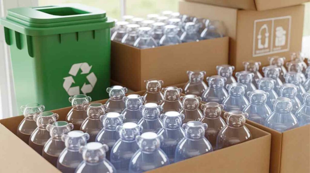 Bulk clear bear-shaped plastic bottles arranged in boxes beside recycling symbols showing reusable eco-friendly plastic storage containers.