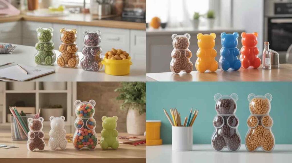 Bear-shaped plastic containers used for snacks, candies, craft supplies, and small item storage on a clean desk and kitchen counter.