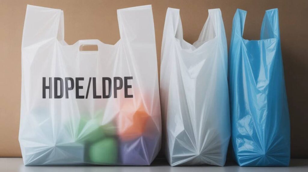 Different types of plastic bags showing recyclable and non-recyclable materials side by side