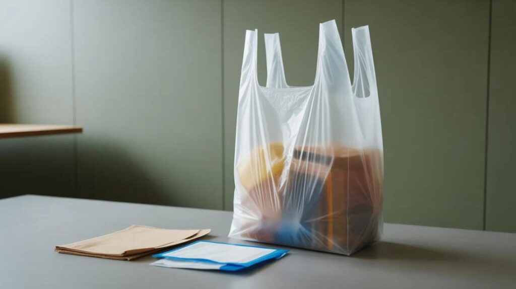 Thick reusable plastic bag compared with thin single-use bags showing higher durability