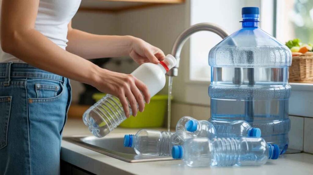 **Image Prompt (16:9, realistic & user-friendly):**
Realistic 16:9 scene showing a person refilling a reusable plastic water bottle and a large HDPE water jug at a home kitchen sink, with a small pile of single-use bottles in the background to show waste reduction. Bright natural lighting, clean eco-friendly environment, photorealistic, attractive and educational composition.
**Alt Text:**
Person refilling reusable water bottles and jugs to reduce plastic waste and support sustainable daily hydration