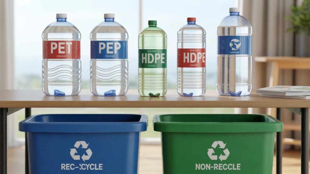 **Image Prompt (16:9, realistic & user-friendly):**
Realistic 16:9 educational scene showing several clear and colored plastic water containers on a table, some marked with PET and HDPE recycling codes and others without symbols, placed beside separate recycle and non-recycle bins. Bright natural lighting, clean minimal background, eco-friendly informative layout, photorealistic, attractive and easy to understand.
**Alt Text:**
Different plastic water containers showing recyclable PET and HDPE types and non-recyclable mixed plastics placed near recycle bins