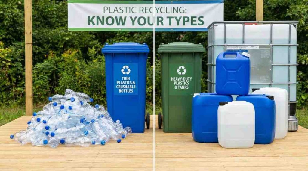 **Image Prompt (16:9, realistic & user-friendly):**
Realistic 16:9 comparison scene showing thin flexible plastic water bottles on one side and thick heavy-duty water storage containers and large plastic tanks on the other, placed near labeled recycle sorting bins. Bright natural lighting, clean educational layout, eco-friendly theme, photorealistic, clear visual contrast of size and thickness affecting recycling.
**Alt Text:**
Thin flexible bottles and thick heavy water storage containers compared to show how size and thickness impact recycling sorting