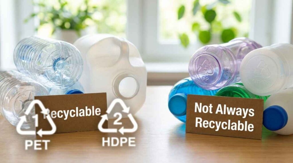 **Image Prompt (16:9, realistic & user-friendly):**
Realistic 16:9 educational close-up of different plastic water containers showing clear recycling symbols on the bottom, especially codes 1 PET and 2 HDPE highlighted, placed on a clean table with simple labels “Recyclable” and “Not Always Recyclable.” Bright natural lighting, minimal background, eco-friendly and informative layout, photorealistic, attractive and easy to understand.
**Alt Text:**
Close-up of plastic containers showing recycling symbols 1 PET and 2 HDPE to explain which plastics are commonly recyclable
