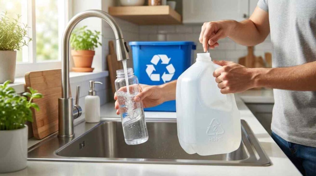 **Image Prompt (16:9, realistic & user-friendly):**
Realistic 16:9 scene showing a clean reusable plastic water bottle and durable HDPE water jug being refilled at a kitchen sink, with a recycle bin in the background to show reuse before recycling. Bright natural lighting, simple eco-friendly home setting, photorealistic, attractive and educational composition.
**Alt Text:**
Reusable plastic water bottles and jugs being refilled to show reuse before recycling for reducing waste