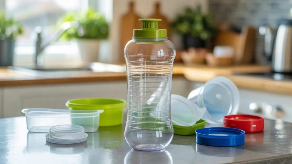 Vacuum-sealed plastic container with lid separated, being cleaned and prepared for recycling.