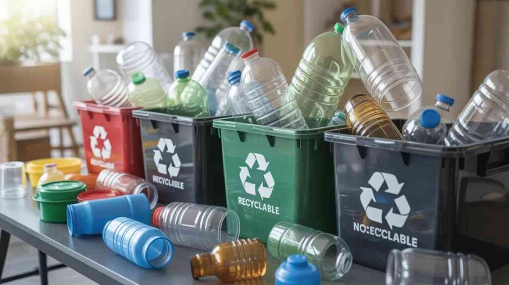 Various plastic containers including clear, colored, and mixed plastics being sorted into recyclable and non-recyclable bins.