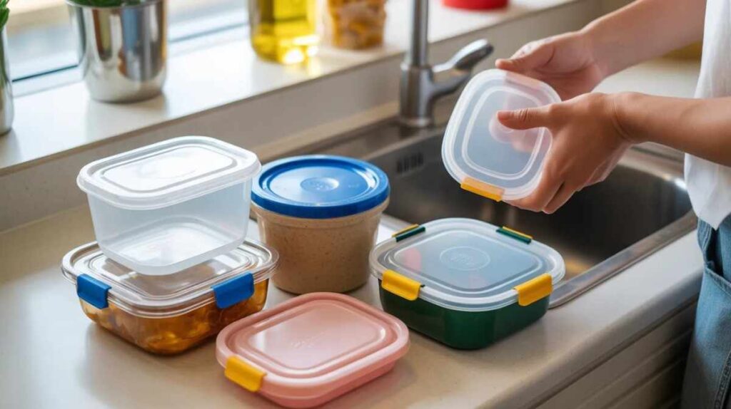 Plastic containers with snap-on lids and clip seals being washed and sorted for recycling.