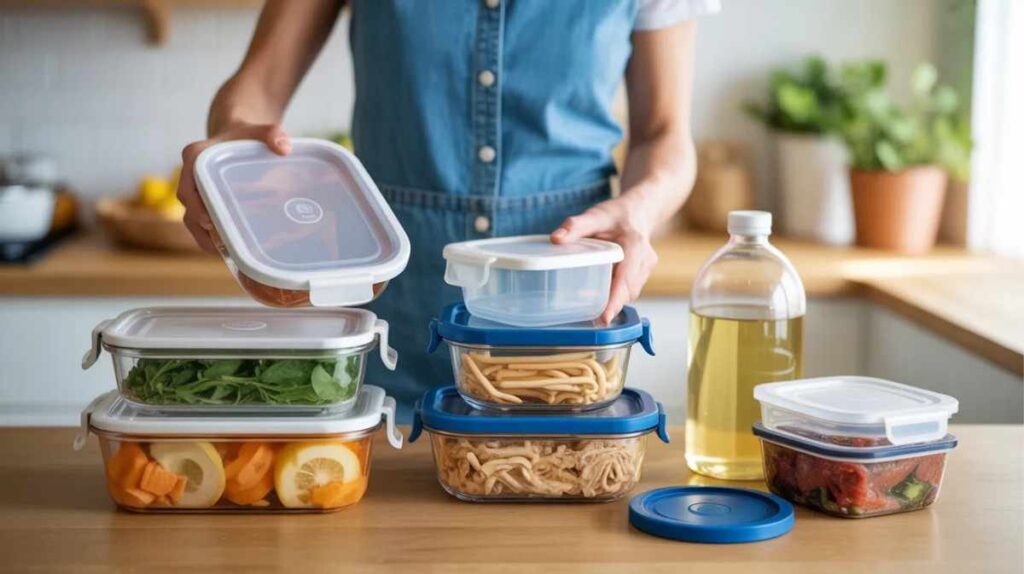 Reusable plastic containers being washed and organized for storing leftovers, snacks, and liquids.